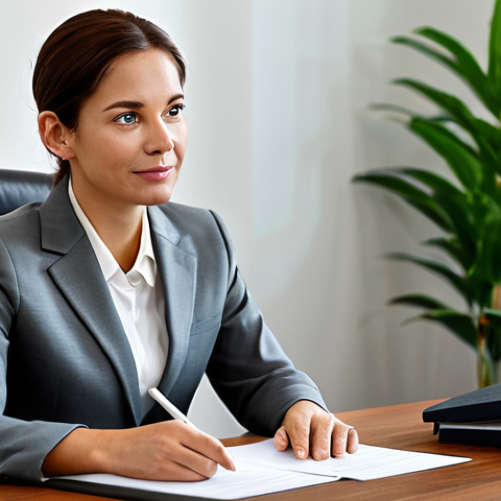 A compassionate female legal professional in a modest business suit, attentively listening to a client in a warm, modern law office. The client, also in appropriate business attire, appears relieved and understood. They are seated at a polished wooden desk with neatly arranged legal documents and a subtle green plant. The atmosphere is one of trust and empathy. Fully clothed, appropriate attire, safe for work, perfect anatomy, correct proportions, natural pose, professional, well-formed hands, proper finger count, natural body proportions, professional photography, soft ambient lighting, high quality, family-friendly content.