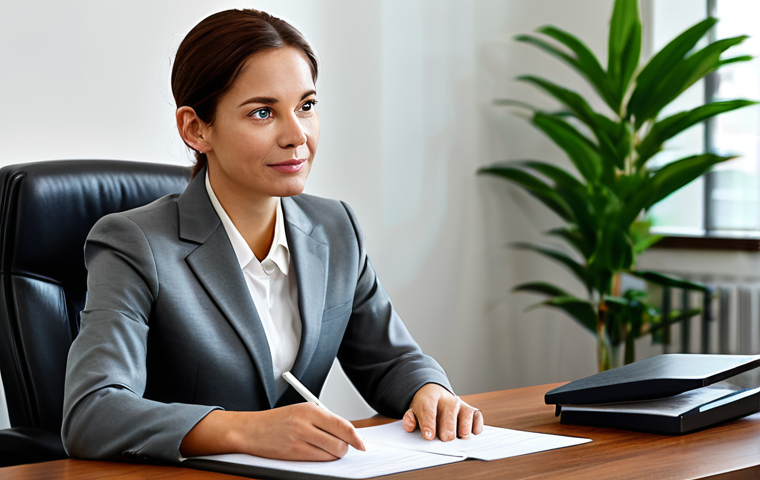 A compassionate female legal professional in a modest business suit, attentively listening to a client in a warm, modern law office. The client, also in appropriate business attire, appears relieved and understood. They are seated at a polished wooden desk with neatly arranged legal documents and a subtle green plant. The atmosphere is one of trust and empathy. Fully clothed, appropriate attire, safe for work, perfect anatomy, correct proportions, natural pose, professional, well-formed hands, proper finger count, natural body proportions, professional photography, soft ambient lighting, high quality, family-friendly content.
