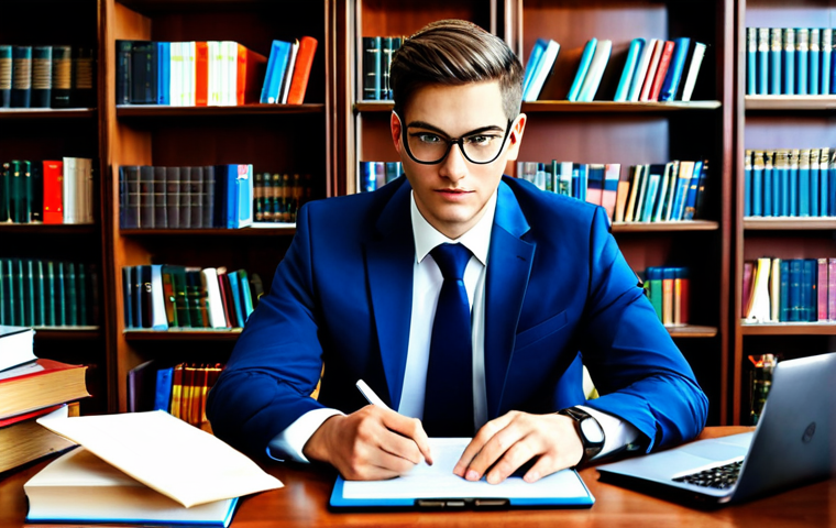 Aspiring Lawyer - Discovering a Specialization**
"A young, professional lawyer, fully clothed in a modest business outfit, is surrounded by law books in a well-lit library. Shelves are filled with volumes, some highlighted and marked. The lawyer is holding a tablet displaying various legal fields like e-sports law, AI ethics, and blockchain. The scene suggests exploration and decision-making. Safe for work, appropriate content, perfect anatomy, natural proportions, professional, family-friendly."
**