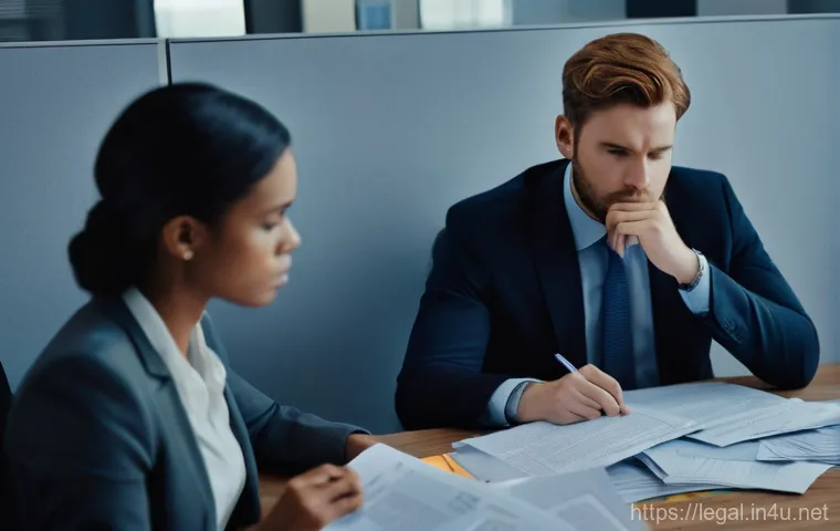 법률 자문가 직장 내 갈등 해결 - A diverse young professional, male, appears overwhelmed and isolated, sitting alone at a desk in a m...