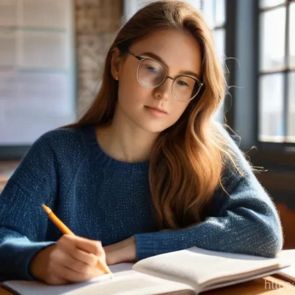 법률 공부법 추천 - A focused young woman, in her early twenties, sits at a wooden desk in a modern, well-lit study room...