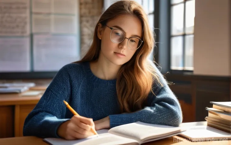 법률 공부법 추천 - A focused young woman, in her early twenties, sits at a wooden desk in a modern, well-lit study room...