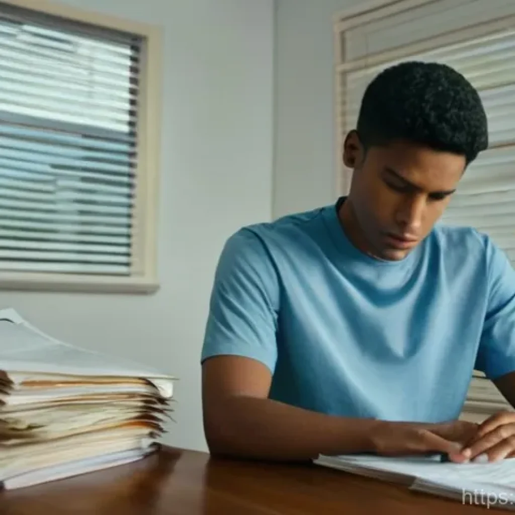 법률 자문가의 사건 대응 전략 - A young adult (wearing a clean, modest t-shirt and jeans) is seated at a wooden desk in a dimly lit ...