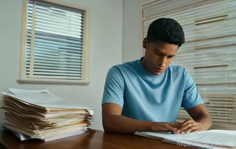 법률 자문가의 사건 대응 전략 - A young adult (wearing a clean, modest t-shirt and jeans) is seated at a wooden desk in a dimly lit ...