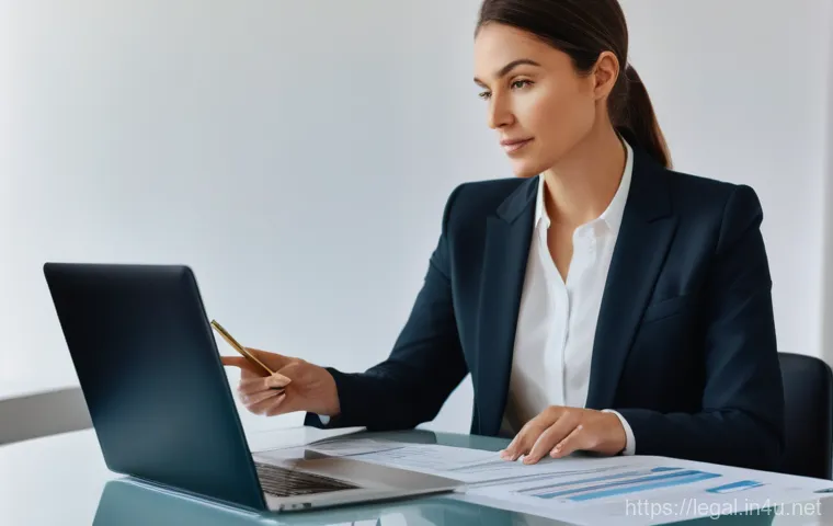 법률 자문가의 직무 세부 사항 - A professional female legal advisor in her late 30s, dressed in a sharp business suit, meticulously ...