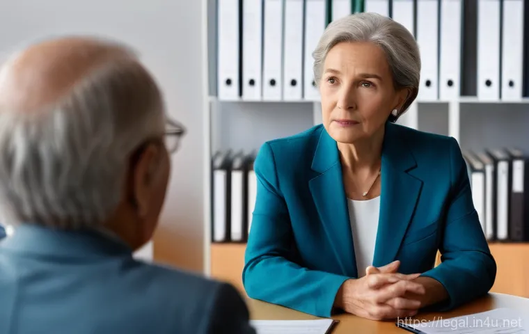 법률 자문가의 직무 세부 사항 - A male legal advisor in his 40s, dressed in a sophisticated dark suit, stands in front of a large, g...