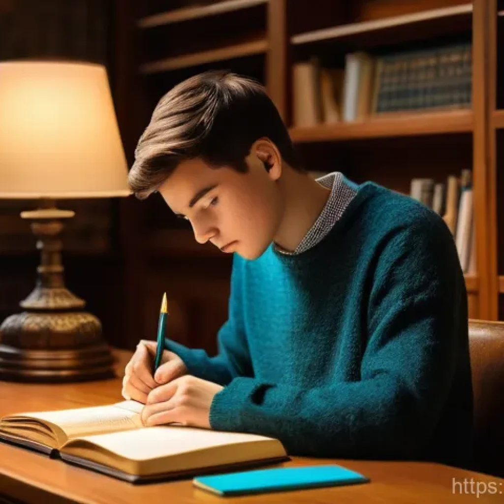 법률 이론 공부법 - A focused young adult student, wearing a comfortable, modest sweater, sits at a large wooden desk il...