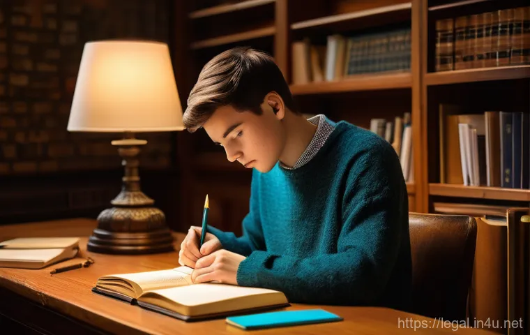 법률 이론 공부법 - A focused young adult student, wearing a comfortable, modest sweater, sits at a large wooden desk il...