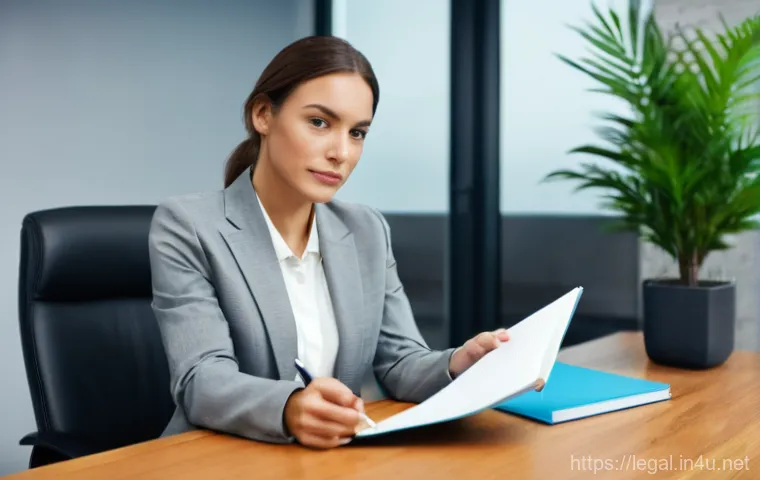 법률자문가의 법률 분석 방법 - A warm and empathetic female legal advisor, dressed in a professional blazer, is actively listening ...