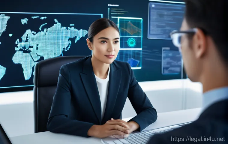 법률 자문가 직업 전망 - **Prompt:** A diverse legal professional, looking determined and intelligent, sits in a modern, slee...