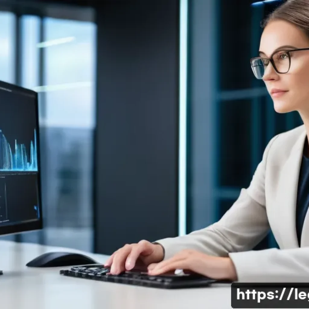 법률자문가의 역량 강화 프로그램 - A mid-30s female lawyer, with a focused and intelligent expression, is seated at a clean, modern des...