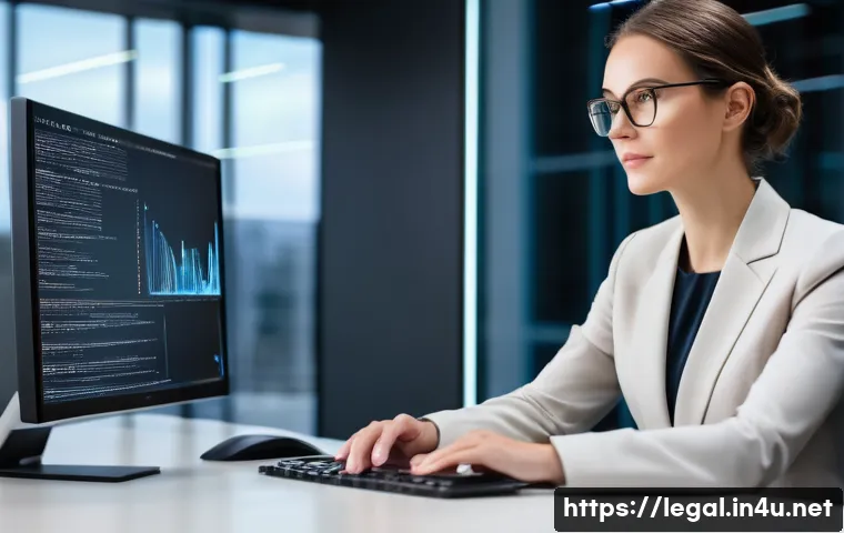 법률자문가의 역량 강화 프로그램 - A mid-30s female lawyer, with a focused and intelligent expression, is seated at a clean, modern des...