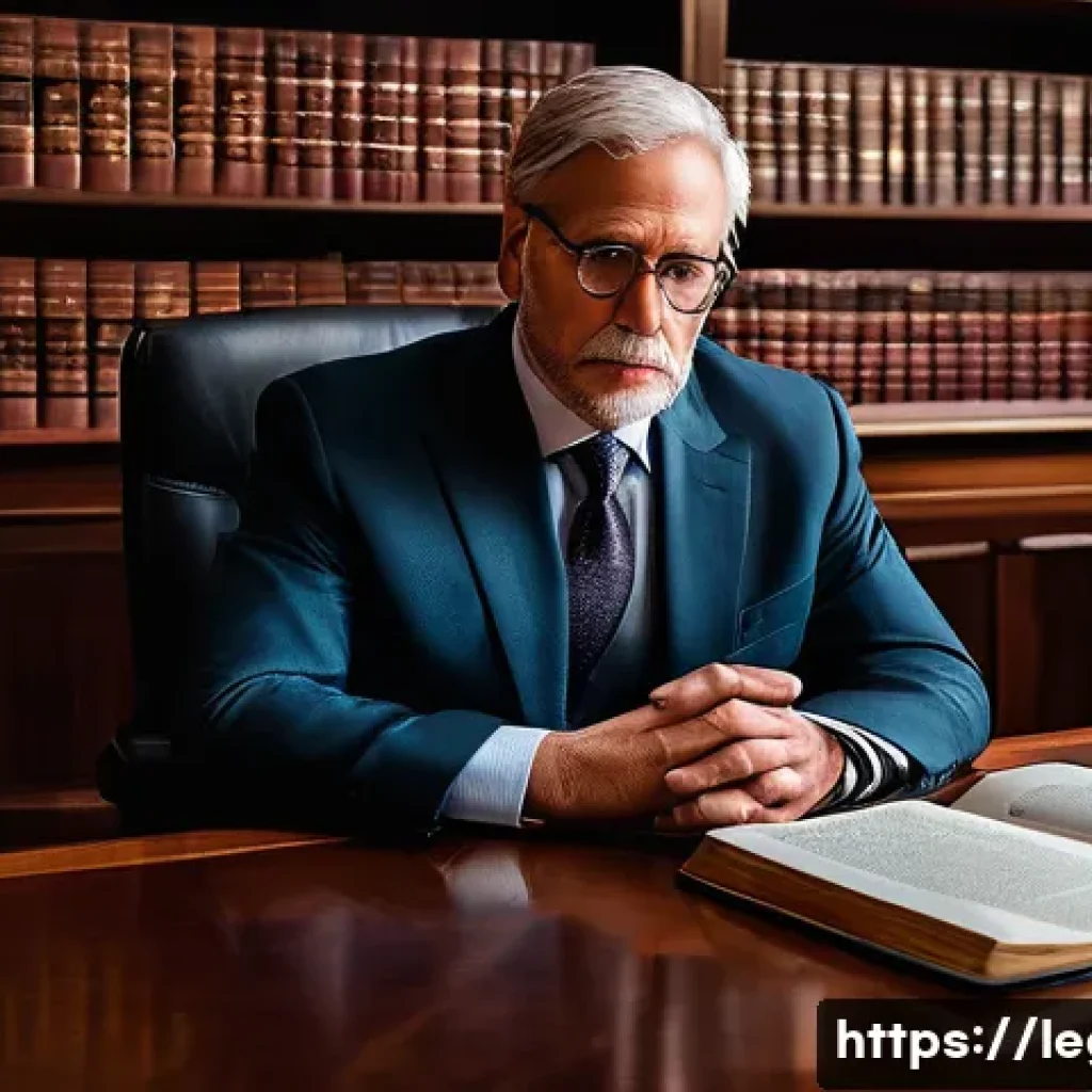 법률자문가의 경험 기반 학습 - A professional legal advisor, wearing a crisp suit, is seated at a large, polished wooden desk. On o...