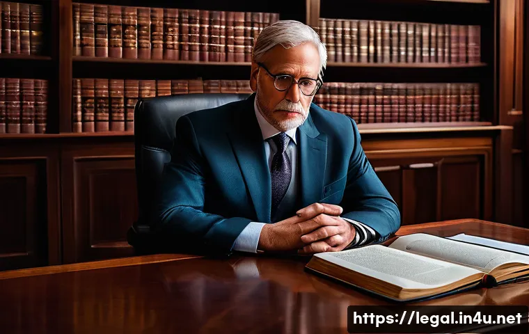 법률자문가의 경험 기반 학습 - A professional legal advisor, wearing a crisp suit, is seated at a large, polished wooden desk. On o...