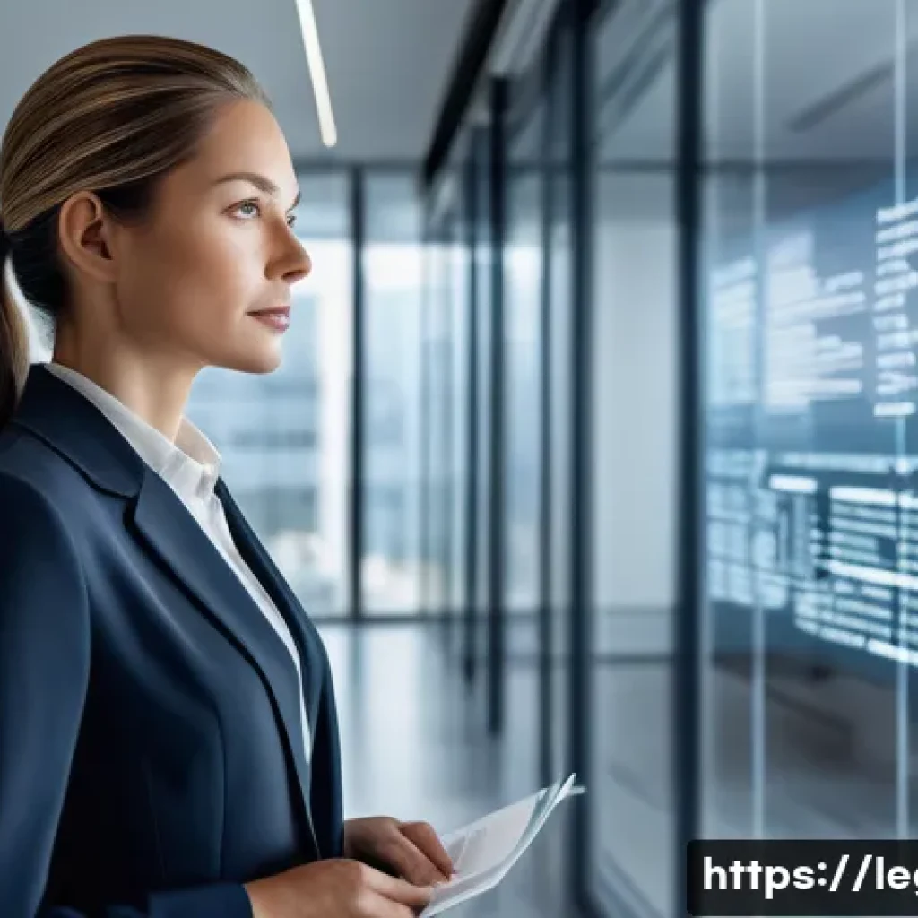 법률자문가의 직무 능력 평가 - A professional female lawyer, dressed in a sharp business suit, stands confidently in a modern, high...