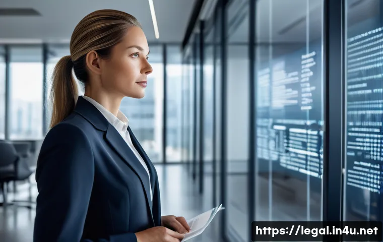 법률자문가의 직무 능력 평가 - A professional female lawyer, dressed in a sharp business suit, stands confidently in a modern, high...