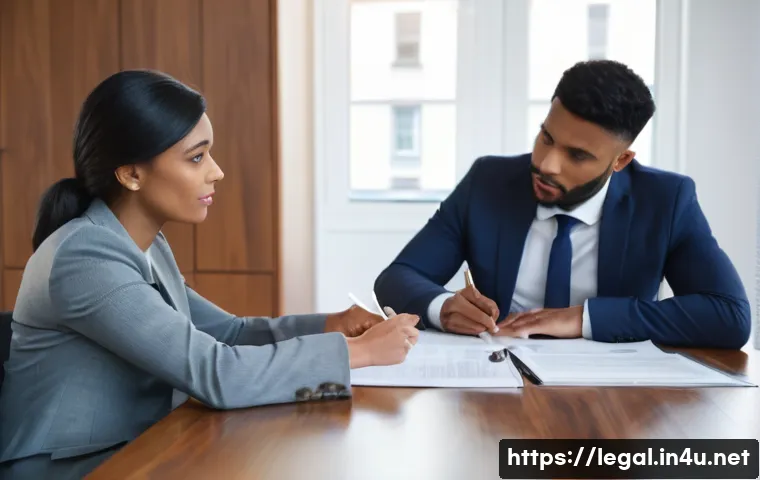 법률 자문가의 일상 속 법률적 판단 - A professional, well-lit image of a diverse couple, dressed in smart casual attire, sitting across a...