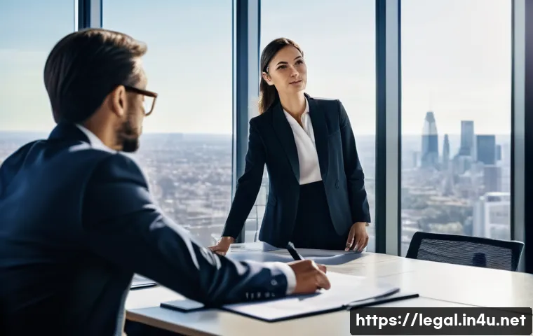 법률 자문가의 경험 공유 - **Prompt 1: Experienced M&A Legal Advisor in a Modern High-Rise Office.**
A confident, well-dres...