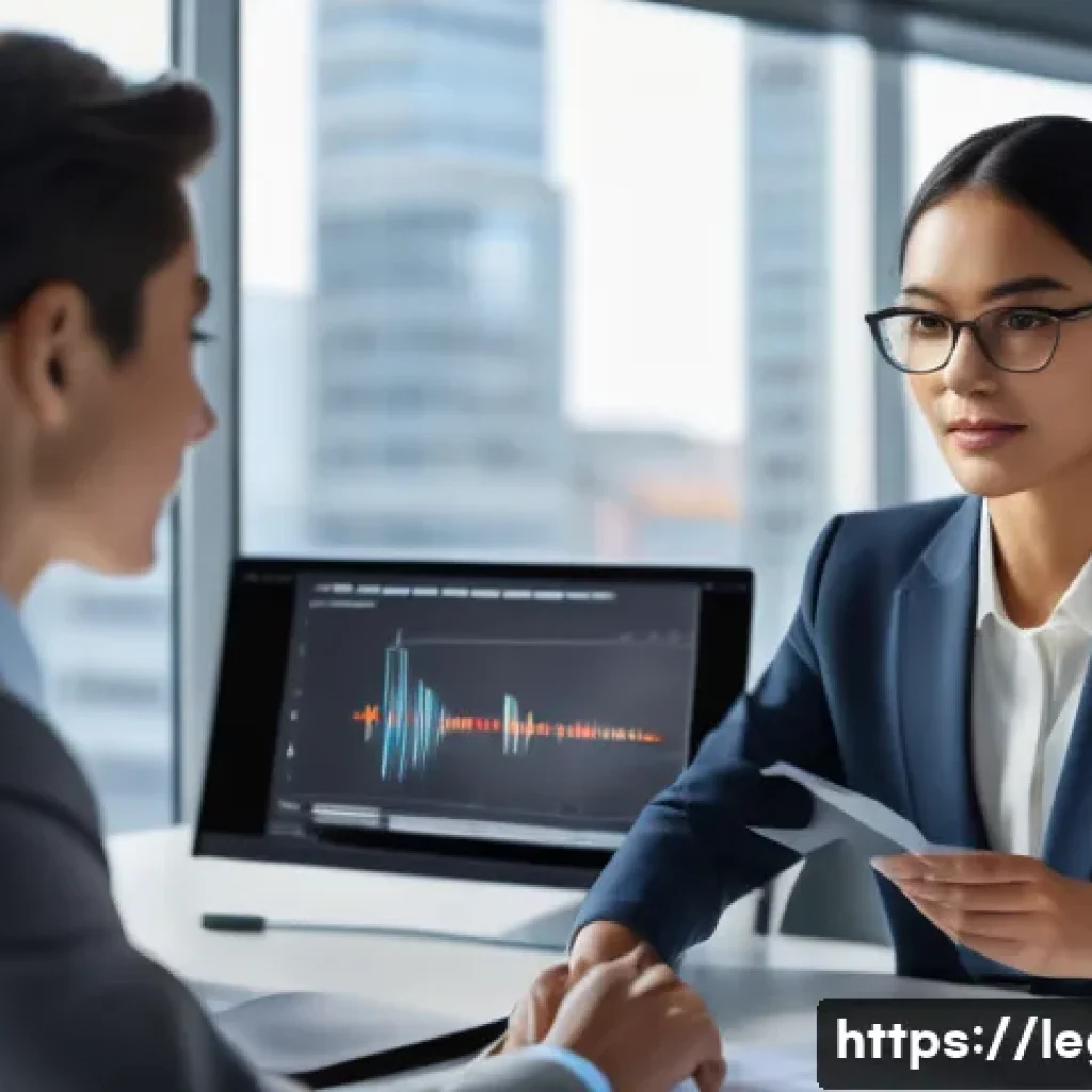 법률 자문가의 실무 개선 아이디어 - An experienced female legal advisor, dressed in smart business attire, is seated at a sleek, modern ...