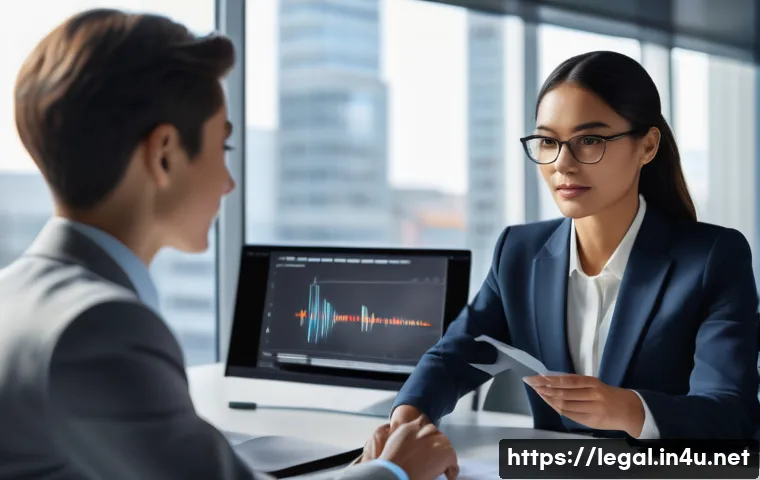 법률 자문가의 실무 개선 아이디어 - An experienced female legal advisor, dressed in smart business attire, is seated at a sleek, modern ...