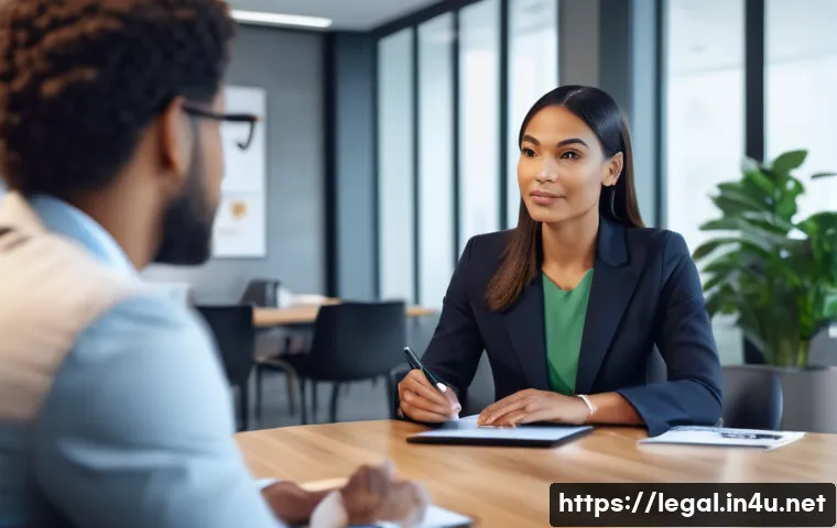법률 자문가로서의 가치 향상 방법 - A professional legal advisor attentively listening to a client in a modern office setting, both seat...