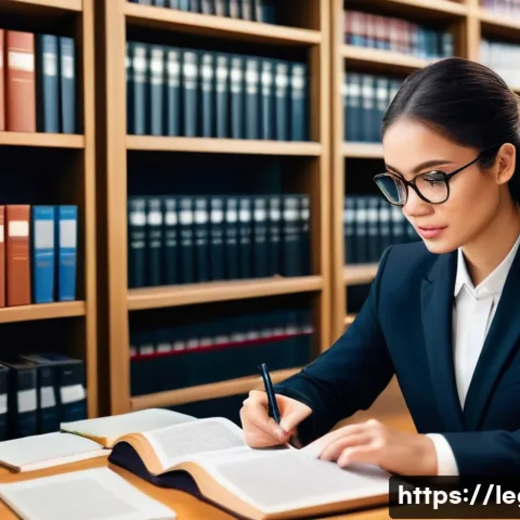 법률 이직 준비 - A professional office scene showing a young legal assistant diligently studying updated law books an...