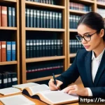 법률 이직 준비 - A professional office scene showing a young legal assistant diligently studying updated law books an...