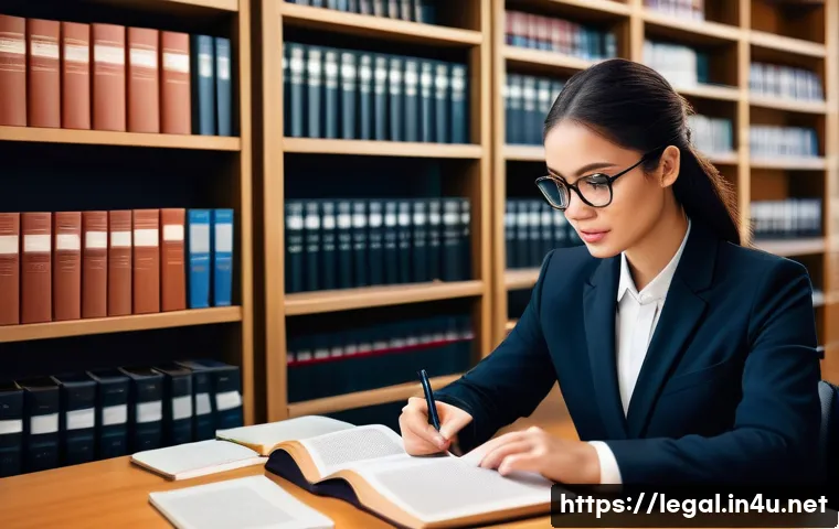 법률 이직 준비 - A professional office scene showing a young legal assistant diligently studying updated law books an...