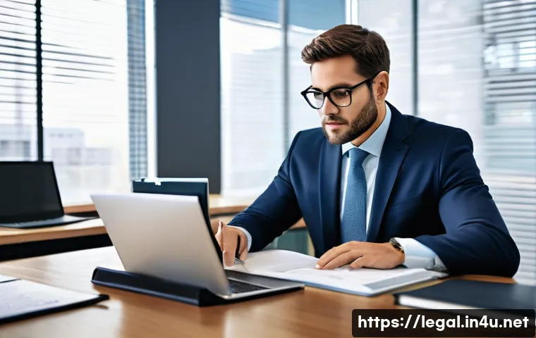 법률 자문가의 사건 대응 프로세스 - A professional legal advisor in a modern office setting, deeply engaged in reviewing detailed case f...