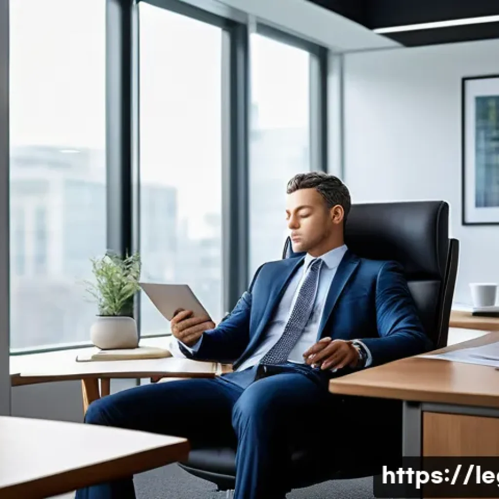 법률자문가 업무 스트레스 관리 - A professional legal advisor taking a mindful 5-minute break in a modern office setting, practicing ...