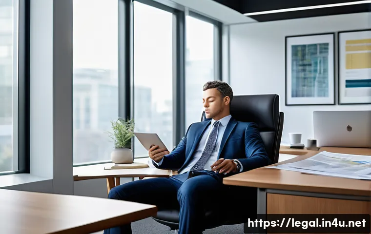 법률자문가 업무 스트레스 관리 - A professional legal advisor taking a mindful 5-minute break in a modern office setting, practicing ...