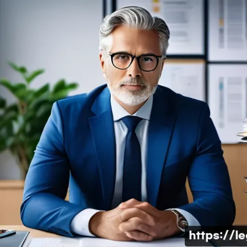 법률 자문가의 직무 평가 기준 - A professional legal advisor in a modern office setting, surrounded by stacks of legal documents and...