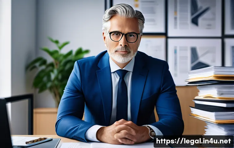 법률 자문가의 직무 평가 기준 - A professional legal advisor in a modern office setting, surrounded by stacks of legal documents and...