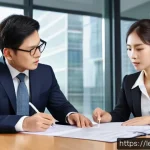 법률 자문가의 법률 상담 사례 - A professional legal consultation scene in a modern office setting: a confident middle-aged male law...