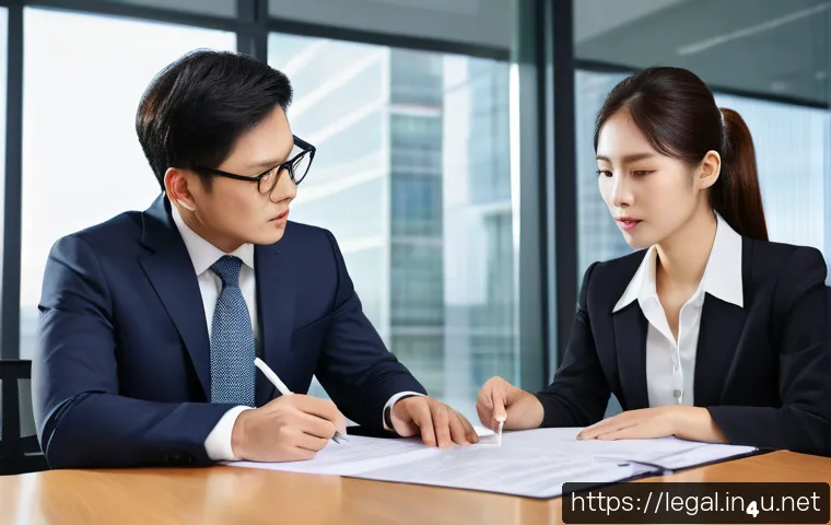 법률 자문가의 법률 상담 사례 - A professional legal consultation scene in a modern office setting: a confident middle-aged male law...