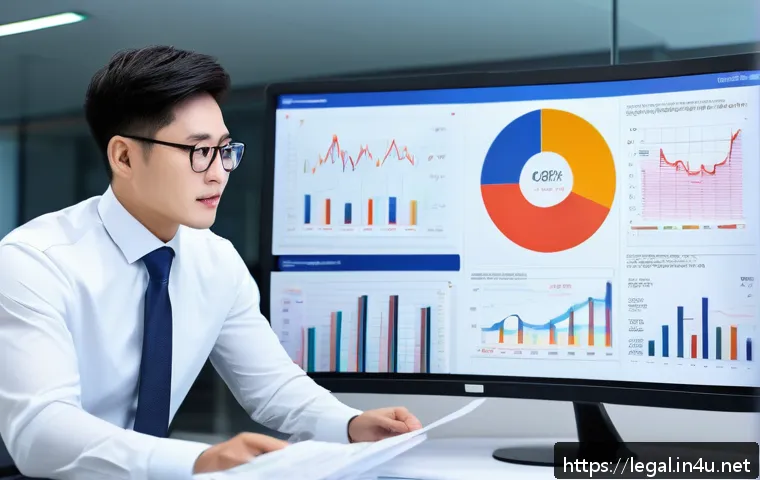 법률 자문가의 업무 실적 분석 방법 - A professional legal advisor analyzing performance metrics on a large digital dashboard in a modern ...