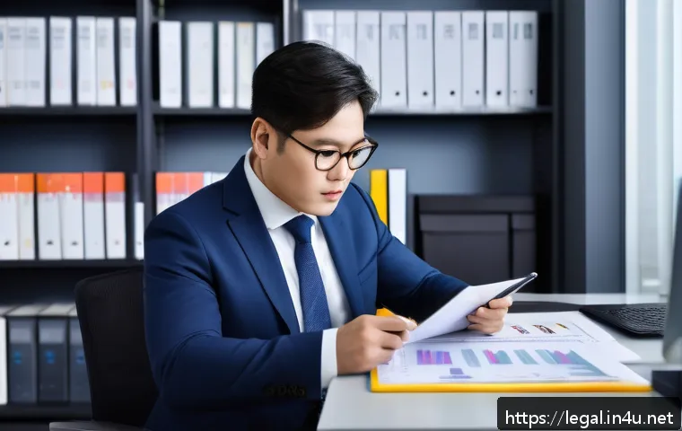 법률 자문가의 연봉 협상 경험 - A professional legal advisor in a modern office setting, reviewing detailed documents and data chart...