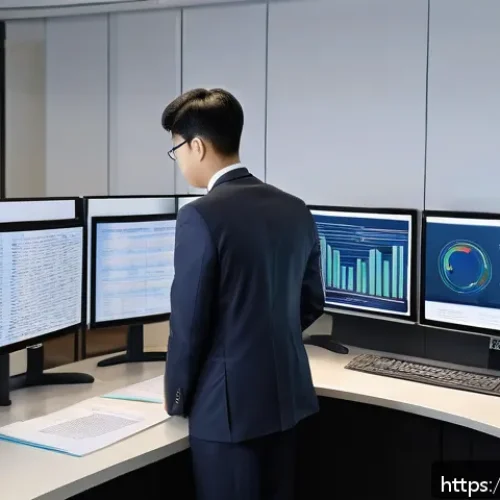 법률자문가의 이론과 실무 - A professional legal advisor in a modern office environment, attentively analyzing multiple digital ...