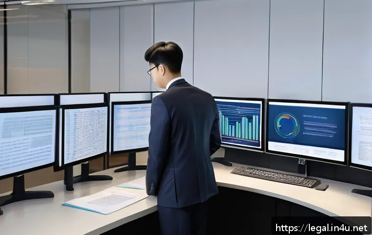 법률자문가의 이론과 실무 - A professional legal advisor in a modern office environment, attentively analyzing multiple digital ...
