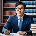 법률자문가의 커리어 관리 - A professional legal advisor in a modern office setting, surrounded by stacks of law books and digit...