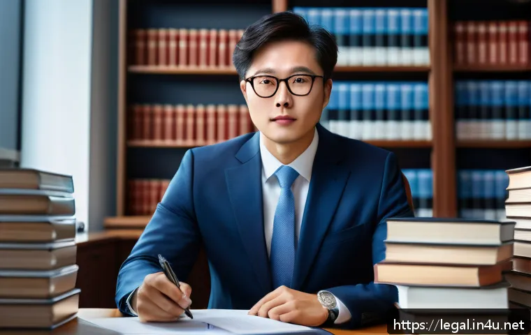 법률자문가의 커리어 관리 - A professional legal advisor in a modern office setting, surrounded by stacks of law books and digit...