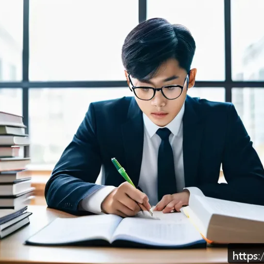 법률 실기 시험 준비 - A focused law student sitting at a modern study desk filled with law books, printed case studies, an...