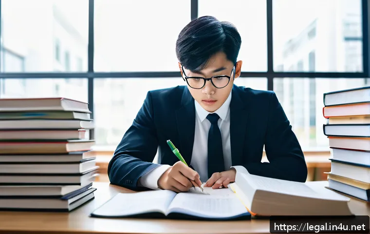 법률 실기 시험 준비 - A focused law student sitting at a modern study desk filled with law books, printed case studies, an...