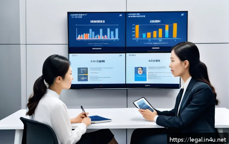 법률 실무에서의 최신 이슈 - A modern law office setting with diverse legal professionals actively collaborating around a large d...