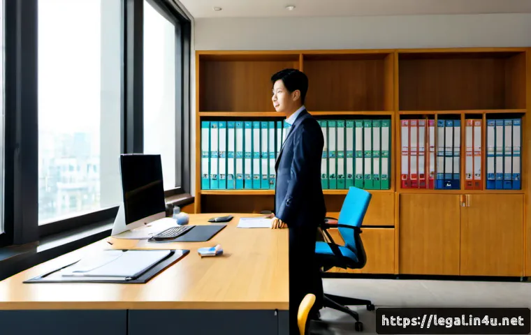 법률 자문가의 직무 효율화 - Photorealistic modern legal office, an experienced legal advisor in professional business attire eff...