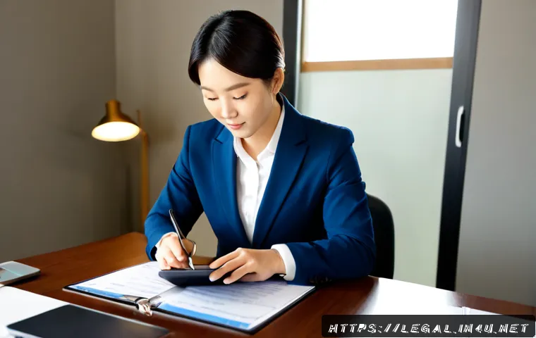Home 17 법률 자문가의 업무 개선 방안 - Photorealistic modern legal consultant reviewing a neatly organized case file and digital tablet wit...