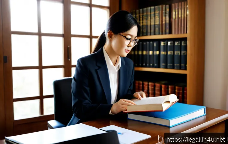 법률 자문가의 법률 연구 - Photorealistic legal advisor conducting focused legal research at a tidy wooden desk, mature profess...